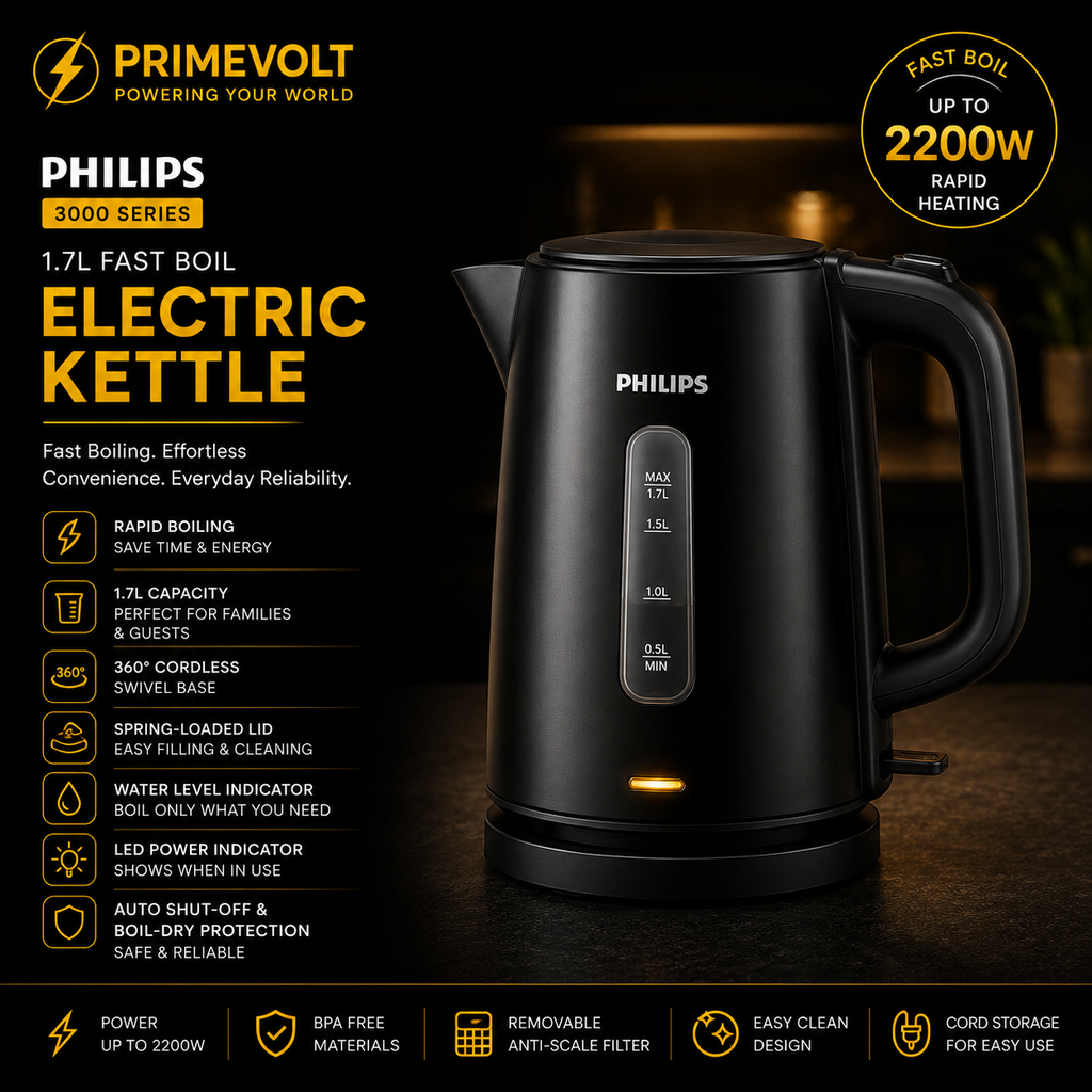 Philips 3000 Series 1.7L Rapid Boil Electric Kettle – Powerful Fast Heating, Easy-Clean Design, 360° Cordless Base, Spring Lid & LED Indicator (HD9318/20)