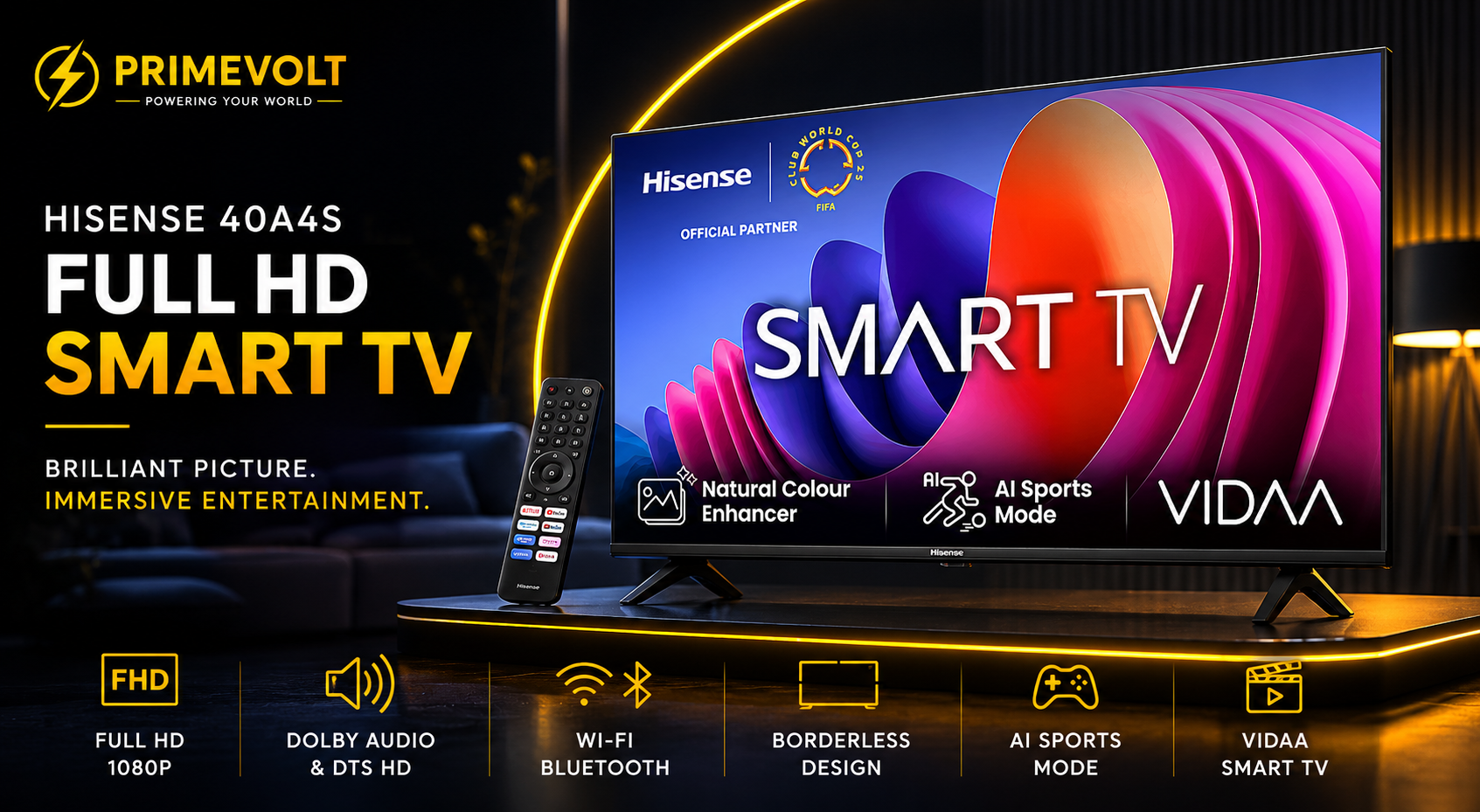 Hisense 40A4S – 40 Inch Full HD LED TV Smart TV VIDAA Dolby Audio & DTS HD WiFi Bluetooth Borderless Design Black [Energy Class E]
