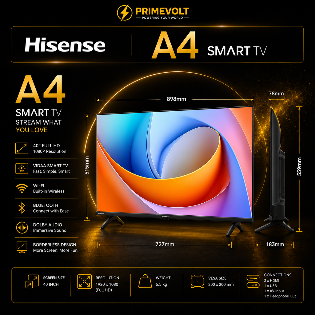 Hisense 40A4S – 40 Inch Full HD LED TV Smart TV VIDAA Dolby Audio & DTS HD WiFi Bluetooth Borderless Design Black [Energy Class E]