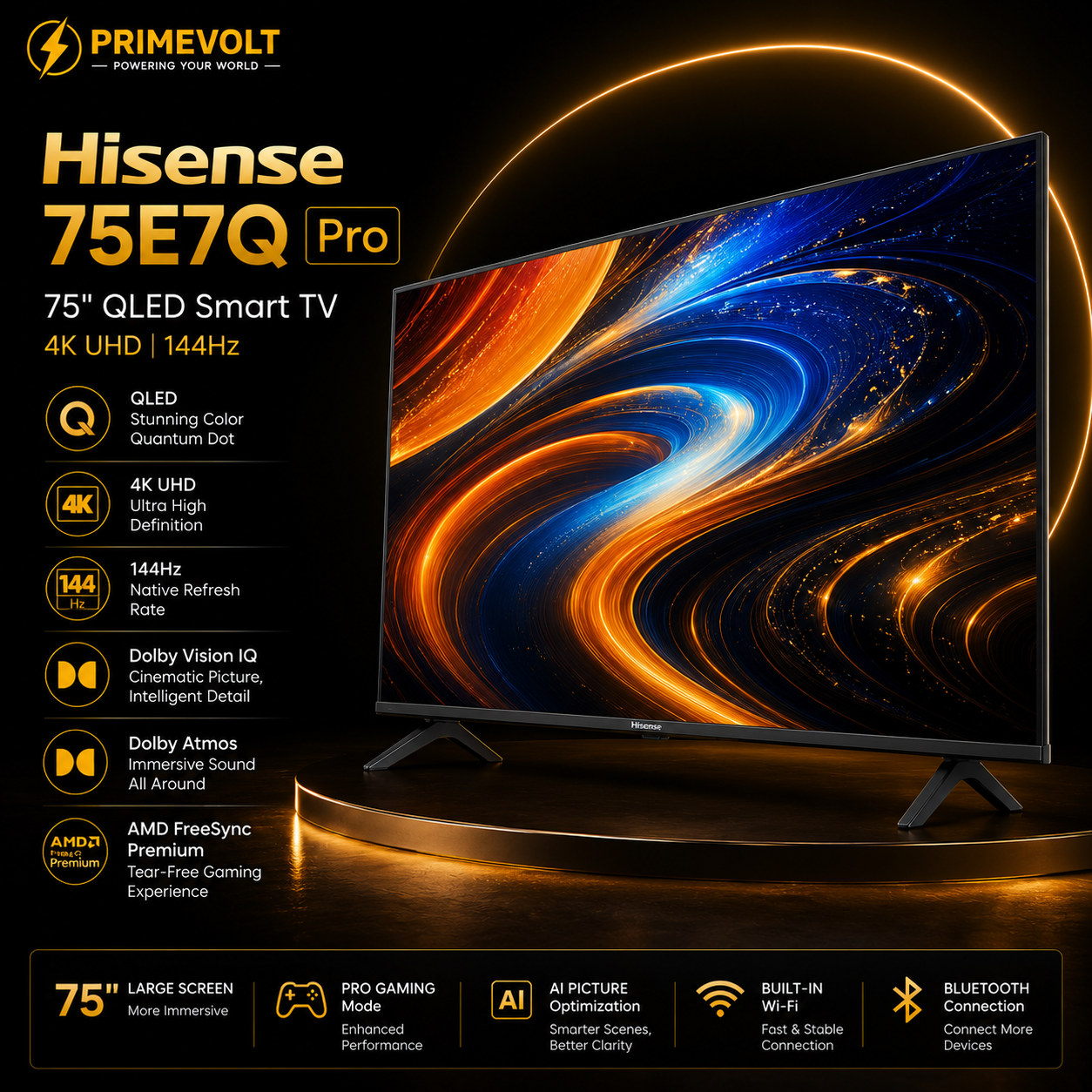 Hisense 75E7Q Pro 75" QLED Smart TV 4K UHD 144Hz | Dolby Vision IQ & Atmos | Pro Gaming Mode | AMD FreeSync Premium [Energy Class E]