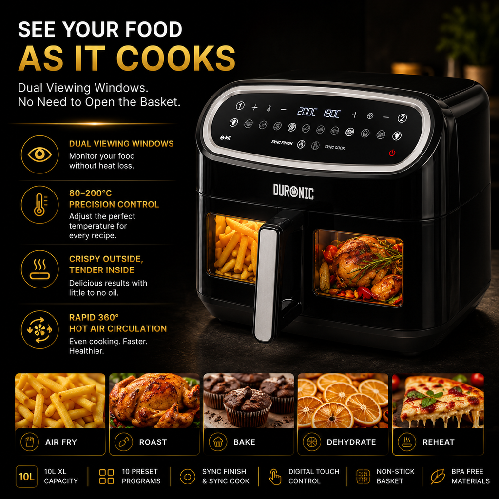 Duronic 10L Dual View Air Fryer | XL Oil-Free Digital Air Fryer with 10 Smart Cooking Programs