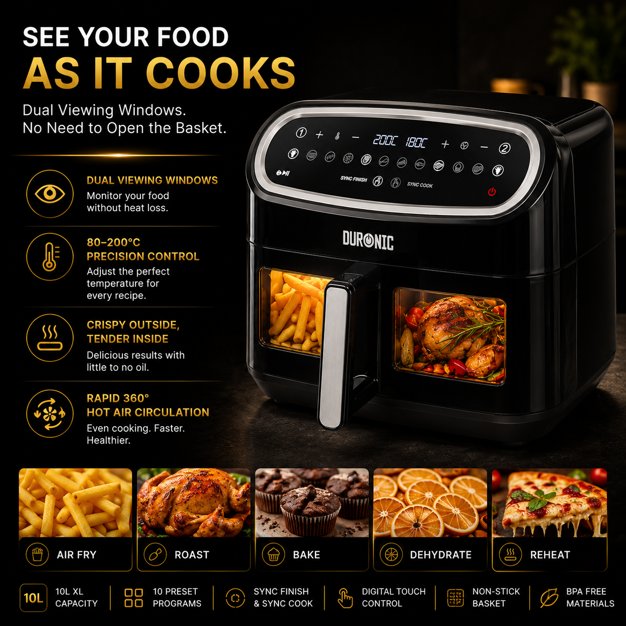 Duronic 10L Dual View Air Fryer | XL Oil-Free Digital Air Fryer with 10 Smart Cooking Programs