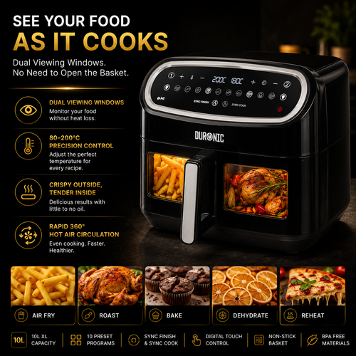 Duronic 10L Dual View Air Fryer | XL Oil-Free Digital Air Fryer with 10 Smart Cooking Programs