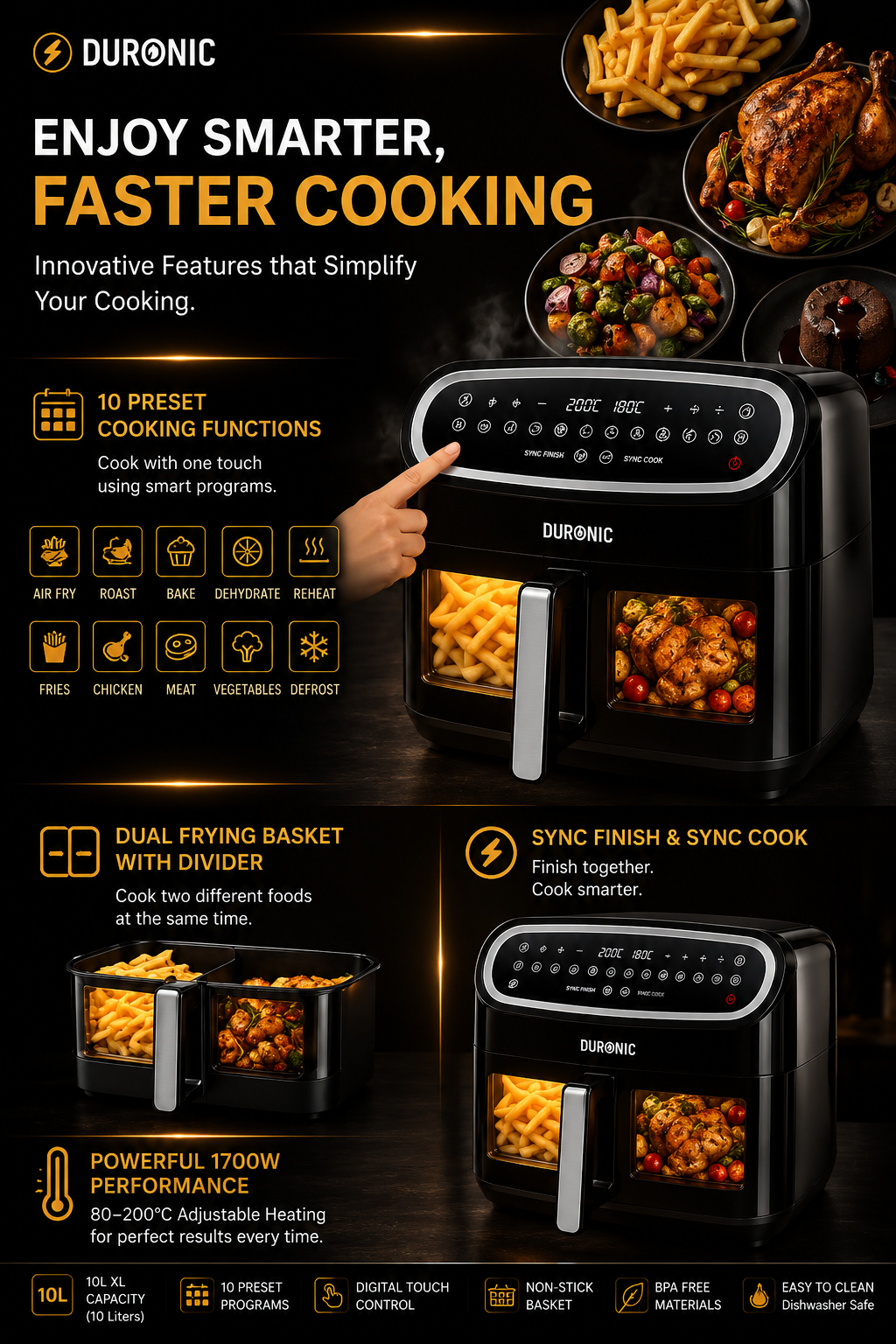 Duronic 10L Dual View Air Fryer | XL Oil-Free Digital Air Fryer with 10 Smart Cooking Programs