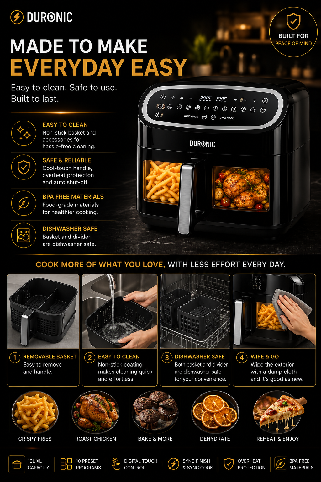 Duronic 10L Dual View Air Fryer | XL Oil-Free Digital Air Fryer with 10 Smart Cooking Programs