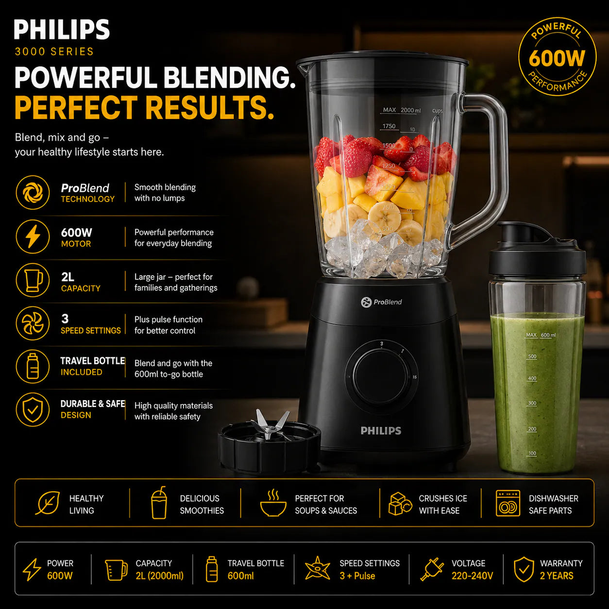 Philips Blender 3000 Series ProBlend – 600W, 2L + Travel Bottle, Black.