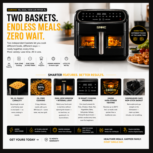 Duronic 10L Dual View Air Fryer | XL Oil-Free Digital Air Fryer with 10 Smart Cooking Programs