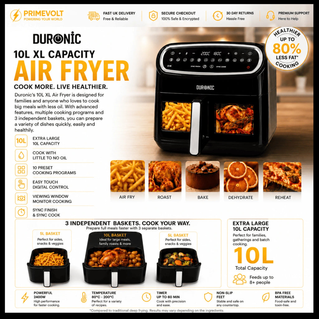 Duronic 10L Dual View Air Fryer | XL Oil-Free Digital Air Fryer with 10 Smart Cooking Programs