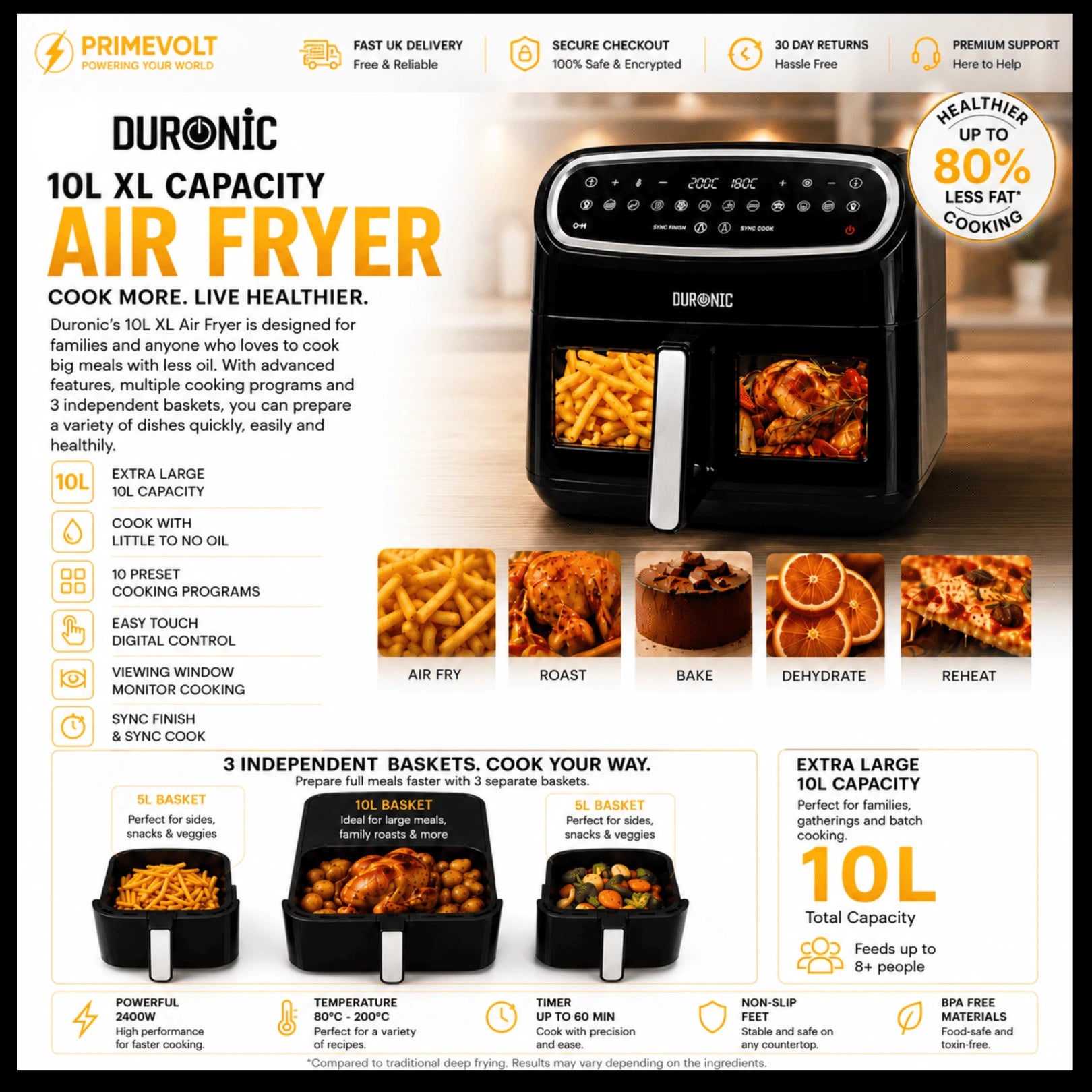 Duronic 10L Dual View Air Fryer | XL Oil-Free Digital Air Fryer with 10 Smart Cooking Programs