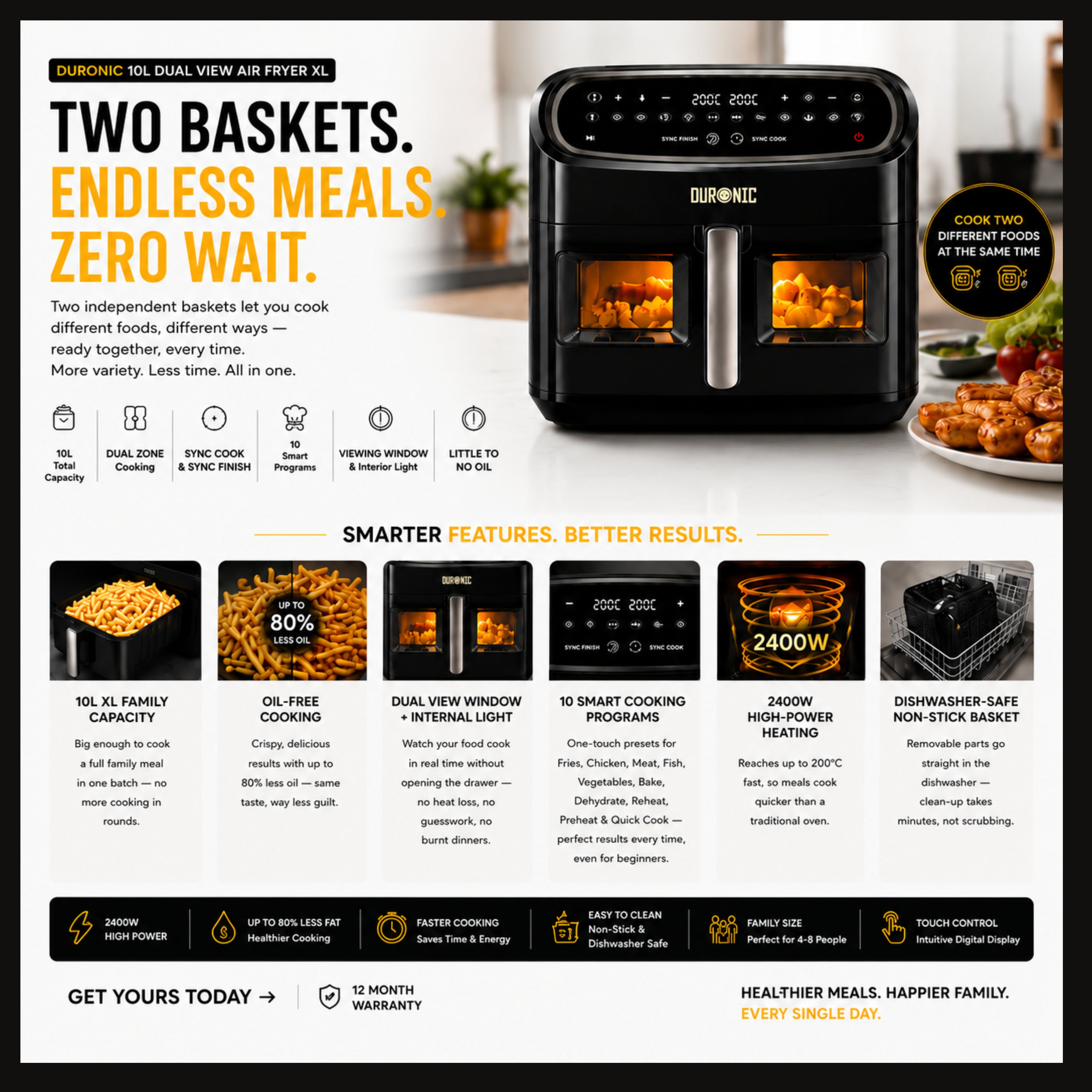 Duronic 10L Dual View Air Fryer | XL Oil-Free Digital Air Fryer with 10 Smart Cooking Programs